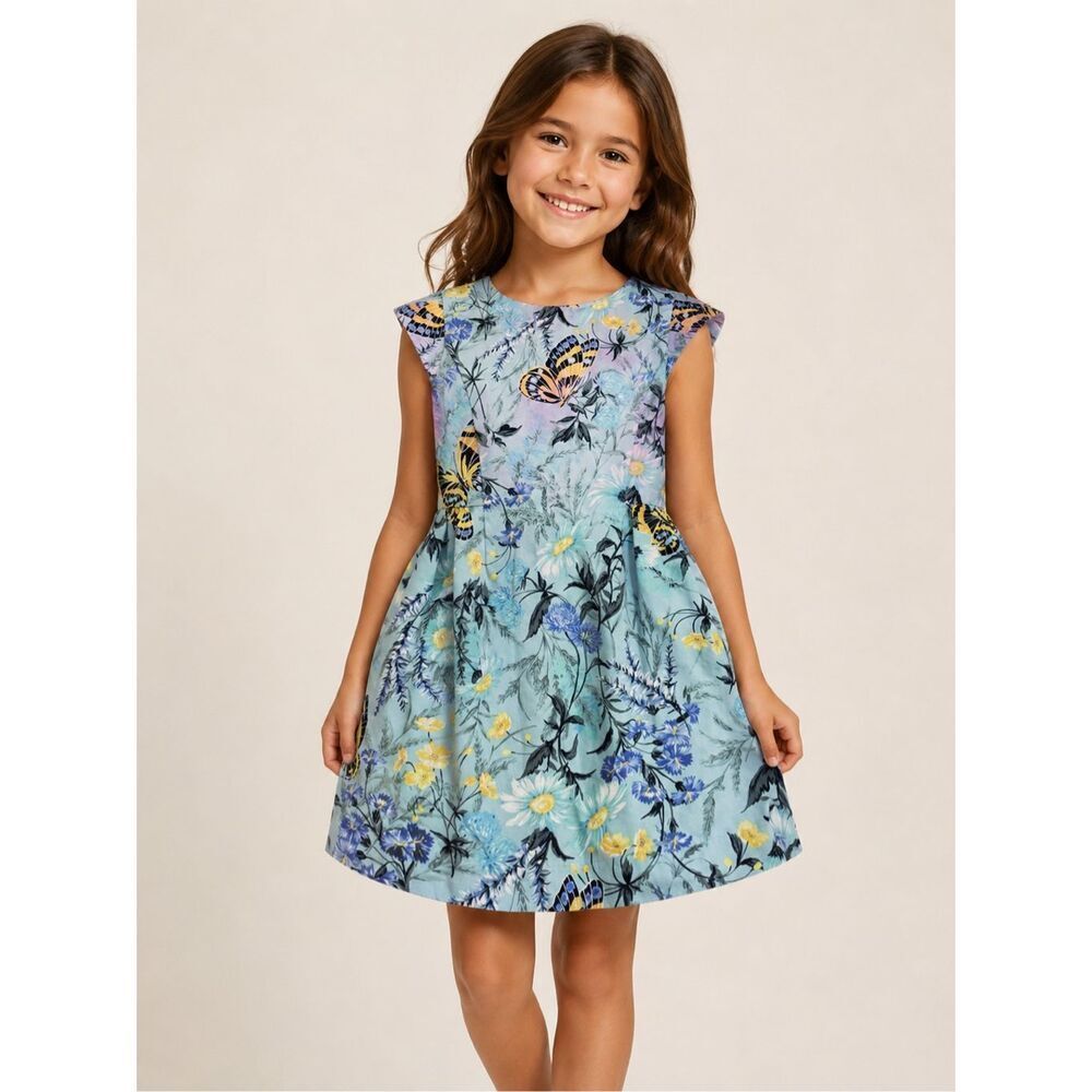 Gap Kids Butterfly Floral Dress Girls Medium 8-9 Blue Cotton
